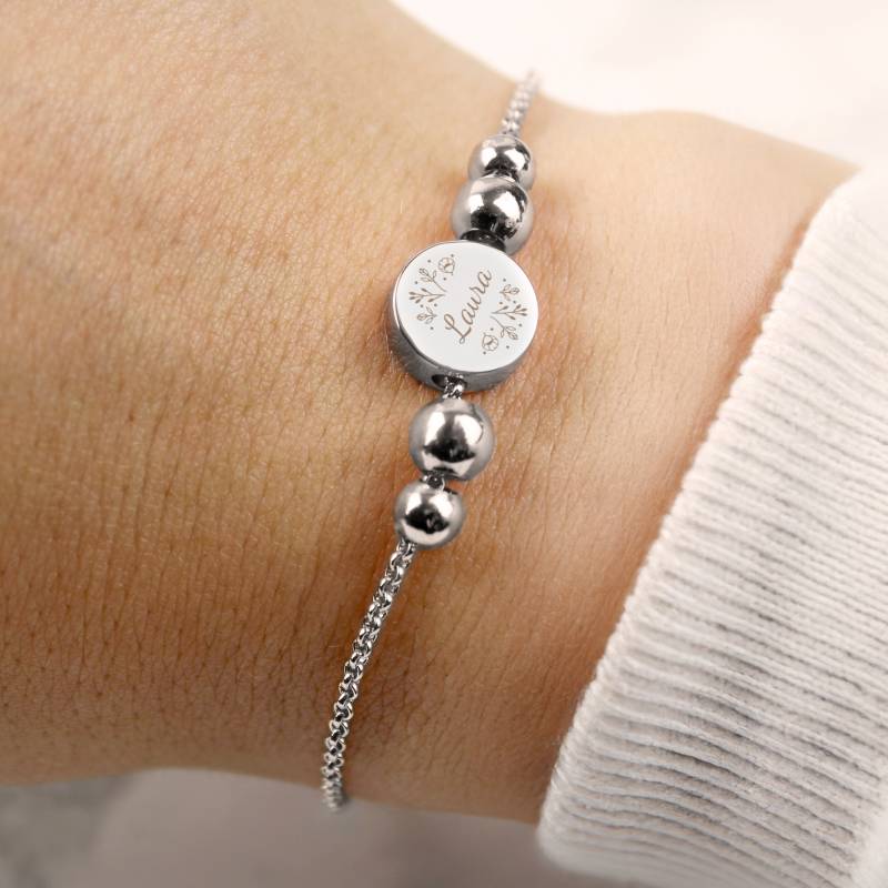 Personalised Silver Tone Wild Flowers Disc Bracelet