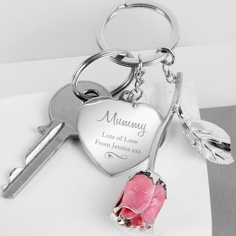 Personalised Silver Plated Swirls & Hearts Pink Rose Keyring